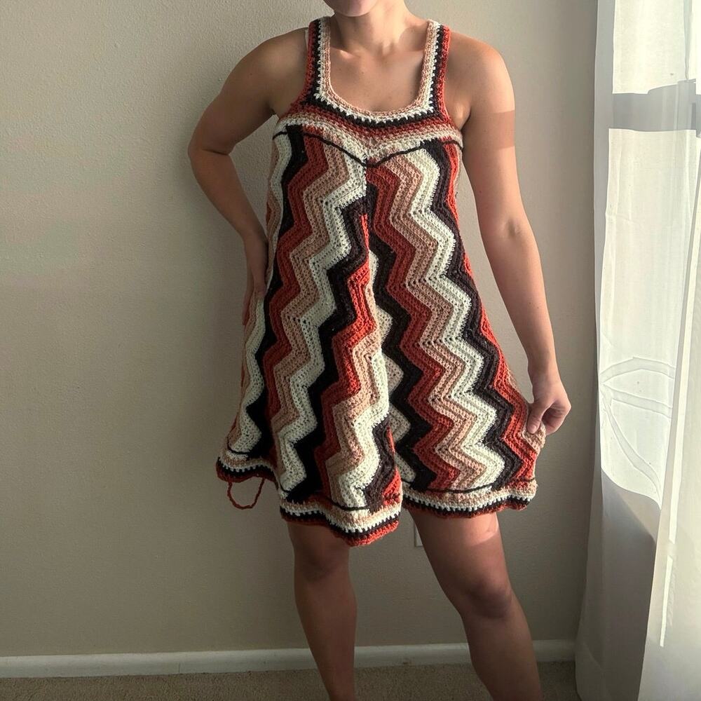 Handmade Crochet Knit Dress Orange Brown chevron halloween 70s hippie boho